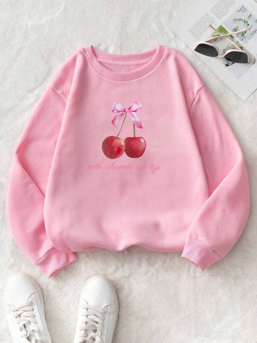 Flirla Cherry Printed Round Neck Casual Sweatshirt With Drop Shoulder Graduation,Back To School Outfits,Graduation,Teacher Outfits For Women,Back To School
