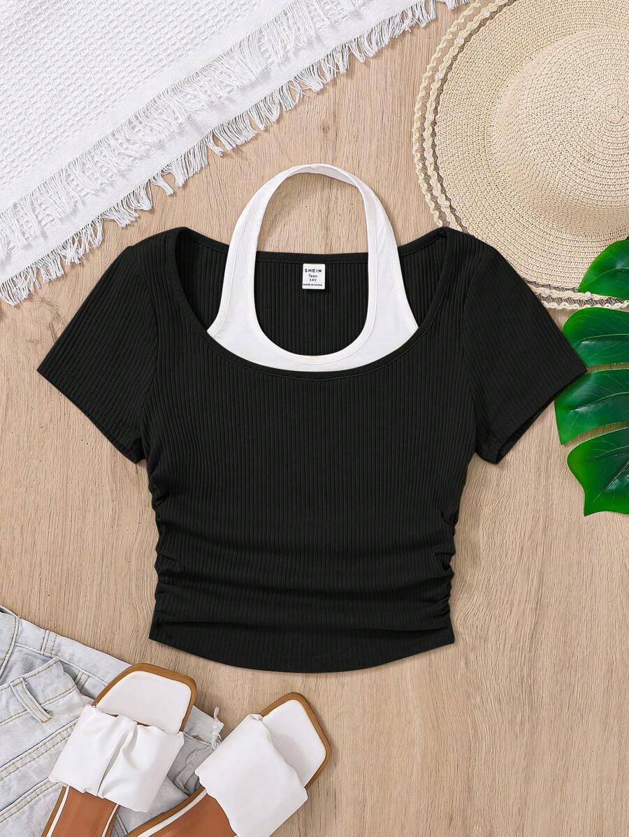 SHEIN Knitted Color Block Halter Neck 2 In 1 Ruffle Short Sleeve T-Shirt For Teen Girls