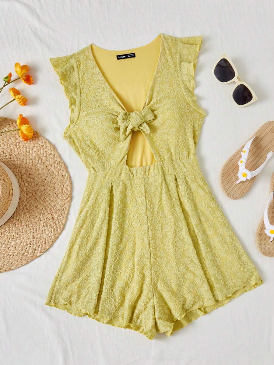 Soleia Women's Vacation Casual Halter Neck Hollow Out Jumpsuit With Front Knot And Mid-Open
