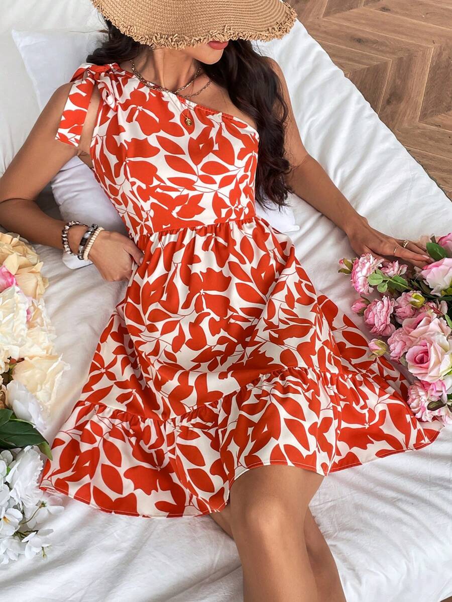 Breezaya Women's One Shoulder Sleeveless Dress With Plant Print