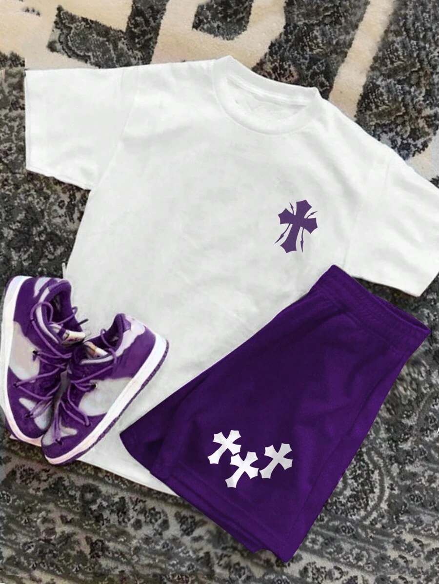 Manfinity EMRG Men's Cross Pattern Printed Short Sleeve T-Shirt And Shorts Set
