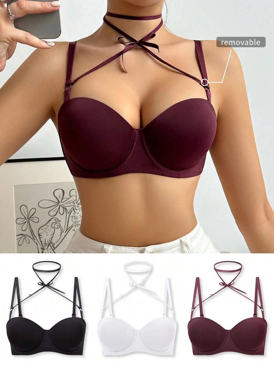 SHEIN Sujetador De Cuello Halter Cruzado De Color Sólido Para Mujer