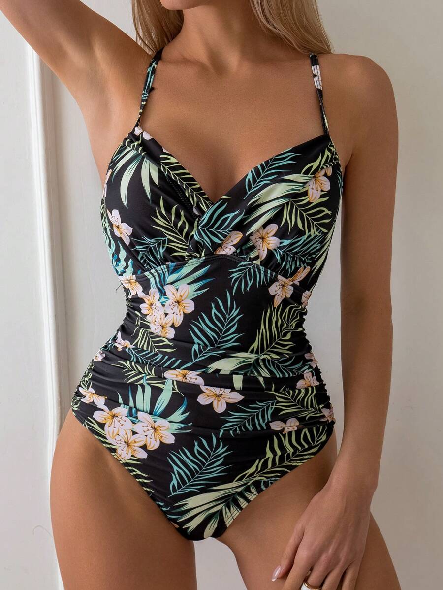 Swim Lushoire Costume da bagno intero da donna con bretelle a spaghetti e motivo casuale di piante, adatto per nuoto, vacanze, spiaggia estiva