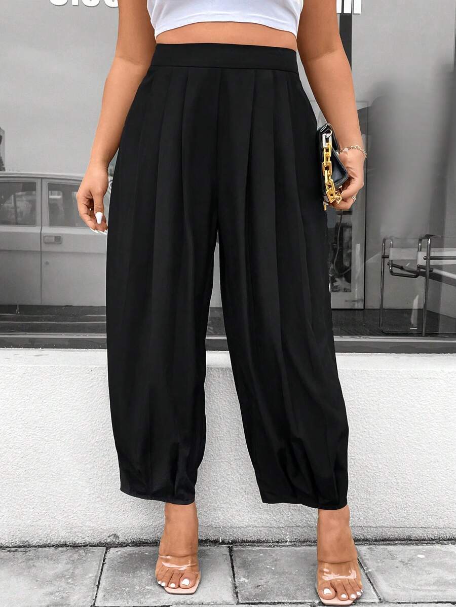 Celure Plus Size Solid Color Pleated Casual Pants