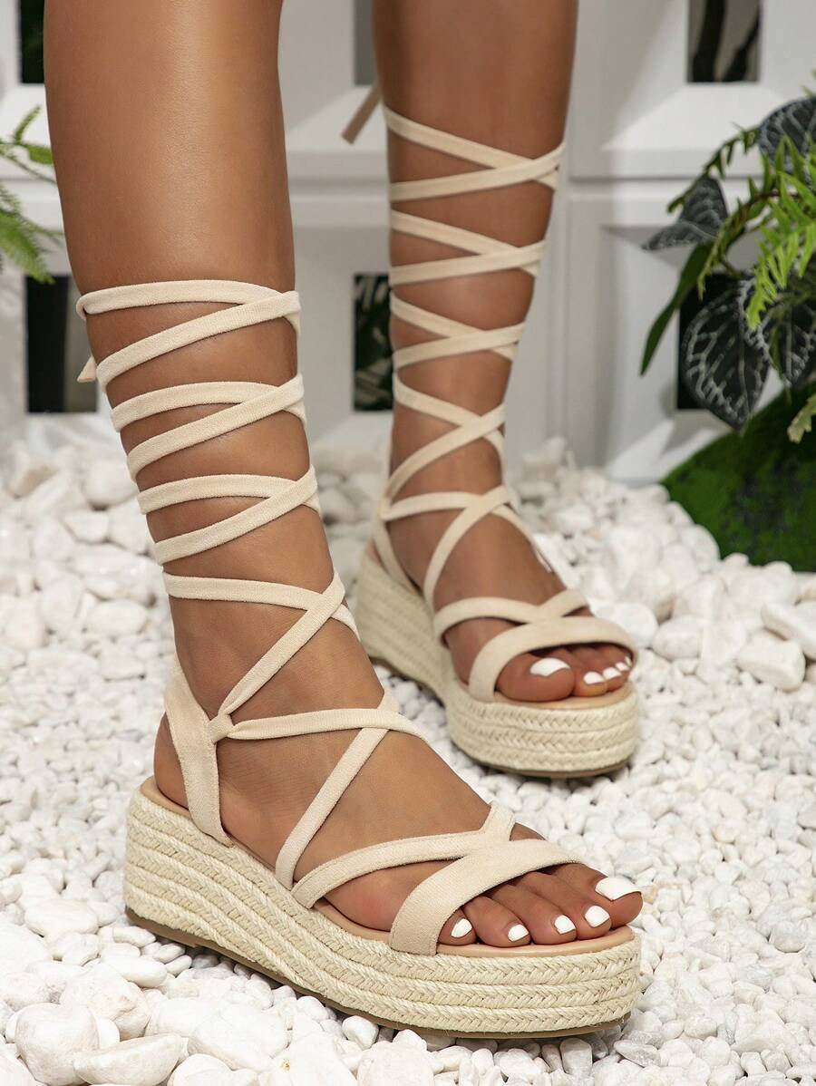 Sexy Casual Thick Heel Lace Up Sandals With French Flavor And Strap Design, Perfect For Vacation