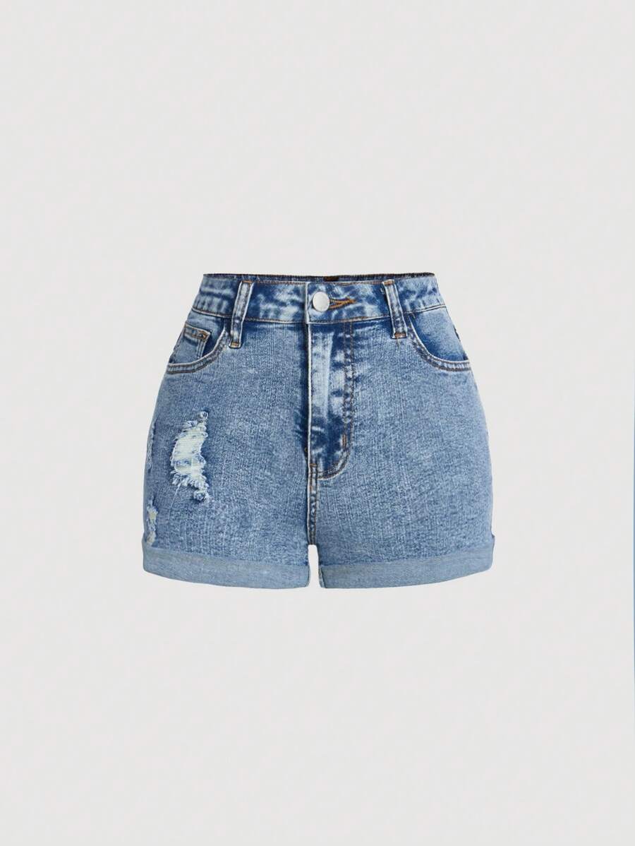 SHEIN Shorts di jeans da ragazza tween in stile boho Y2K per primavera/estate, strappati, con tasche oblique