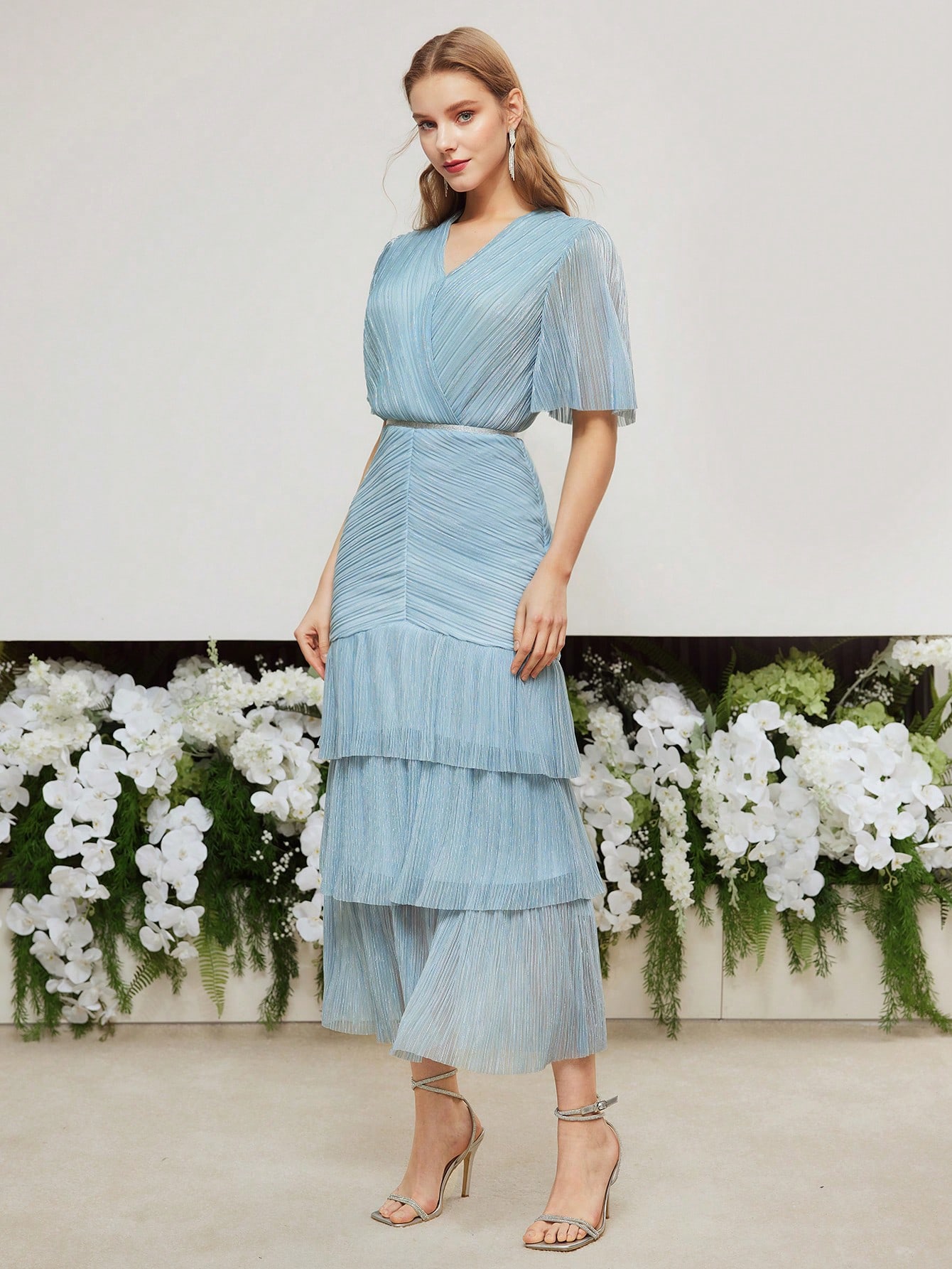 V-NECK FLARE SLEEVE LAYERED RUFFLE HEM DRESS,HOLIDAY PARTY
