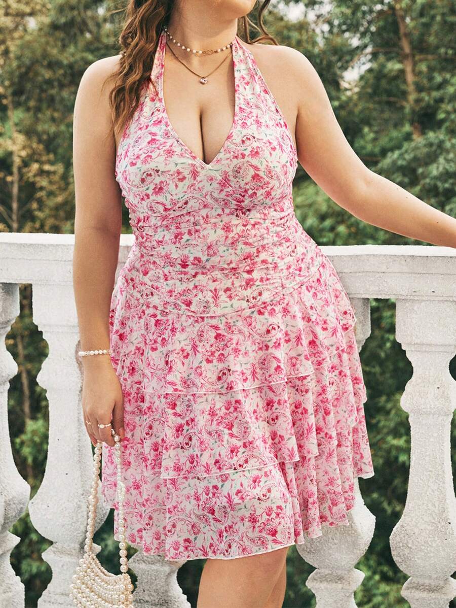 Dreamara Plus Size Floral Print V-Neck Ruffle Trim Halter Neck Dress