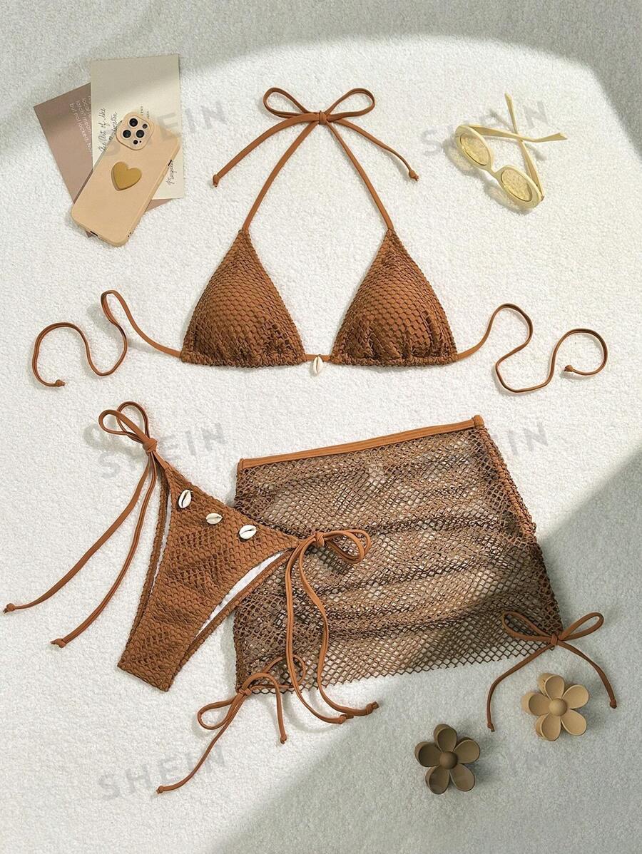 Swim Mod Costume de baie pentru femeie, decor scoici, sutien cu halter și fund de înot și fustă acoperită Set bikini, costum de baie de vară pentru plajă