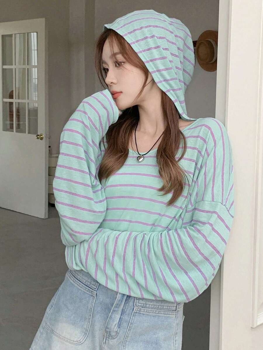 DAZY Women's Striped Drop Shoulder Loose Fit T-Shirt Linen