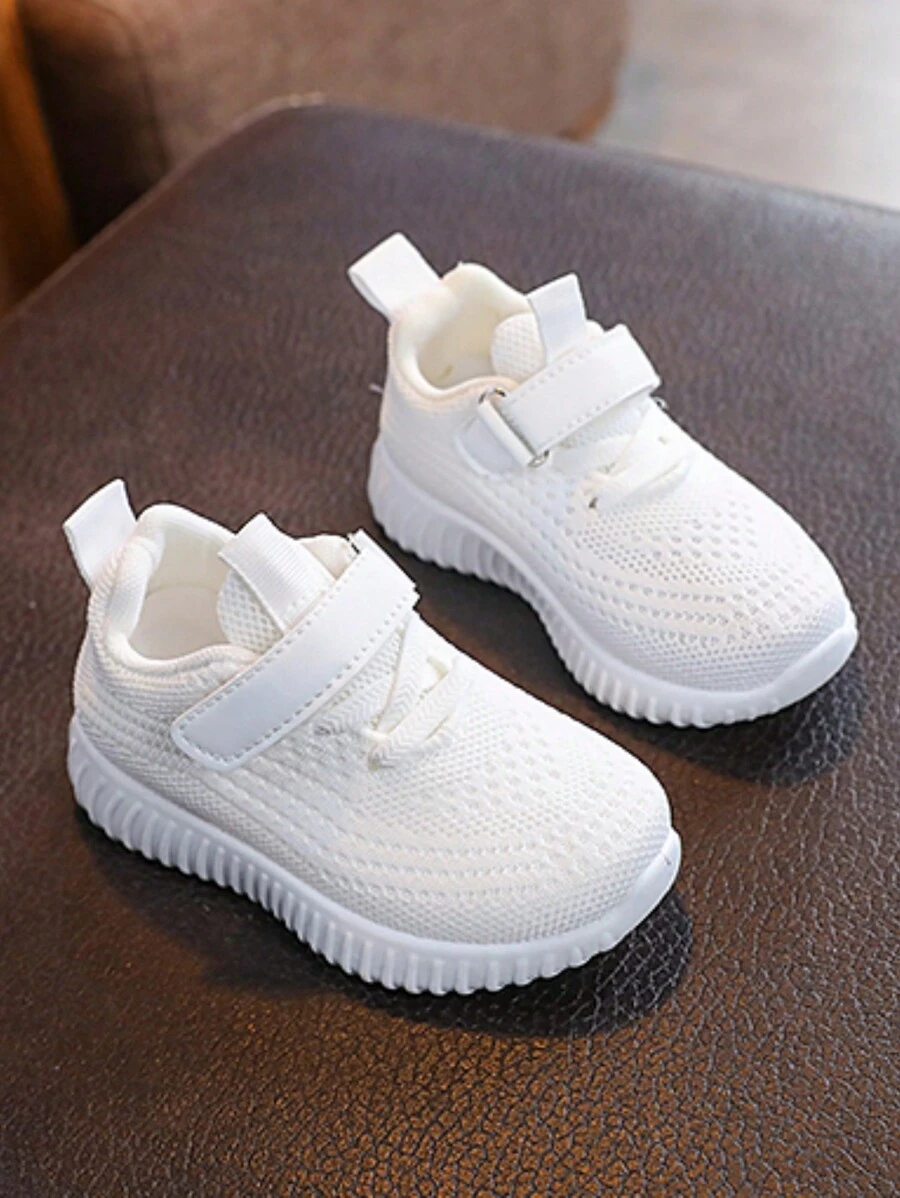 Kids' Plain Hook And Loop Knitted Sports Sneakers, Simple & Practical Multifunctional