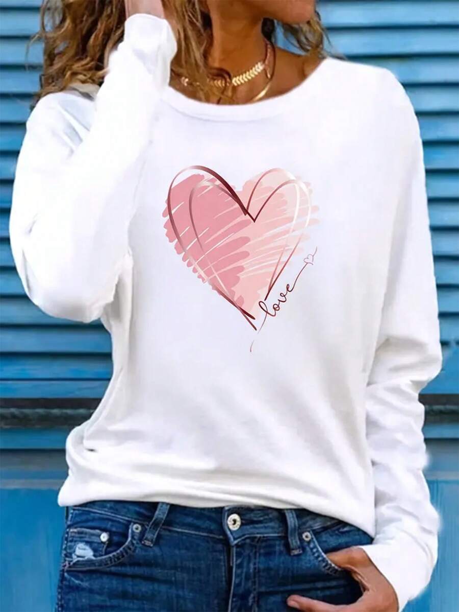 INAWLY Camiseta de manga larga con estampado de corazón, blusas gráficas para mujer, prendas de primavera