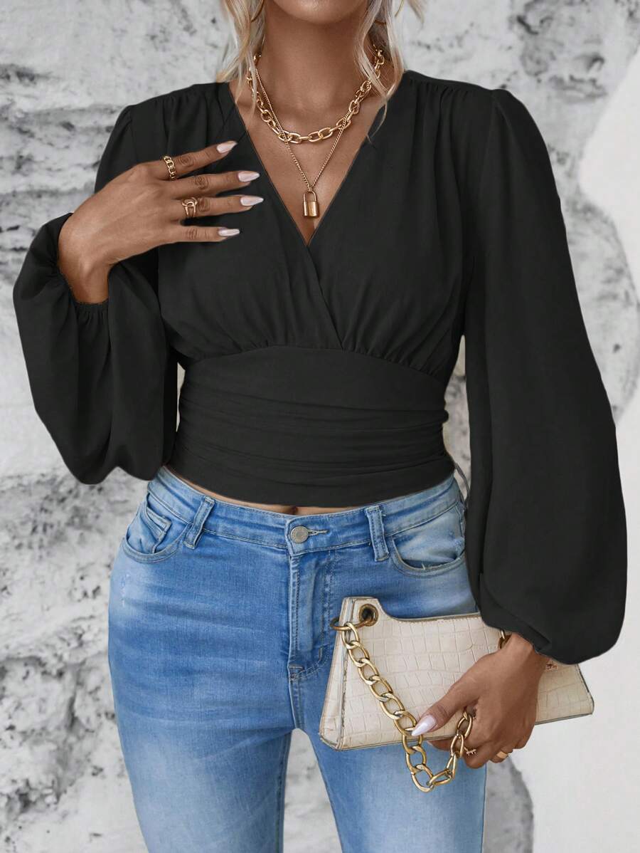 Celure Grote maten Effen kleur Lantern mouwen Cropped Shirt