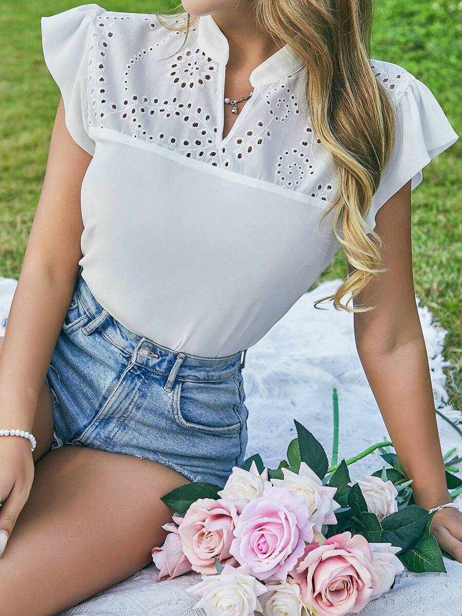 Breezaya Camisa Feminina Com Mangas Puff Curtas E Decote Em V Entalhado