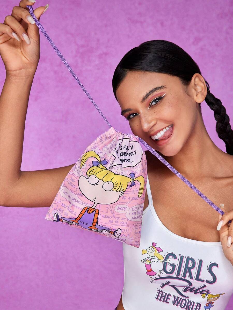 Nick 90s X SHEIN Pink Cartoon Girl Pattern Drawstring Storage Bag,Boho Vibes