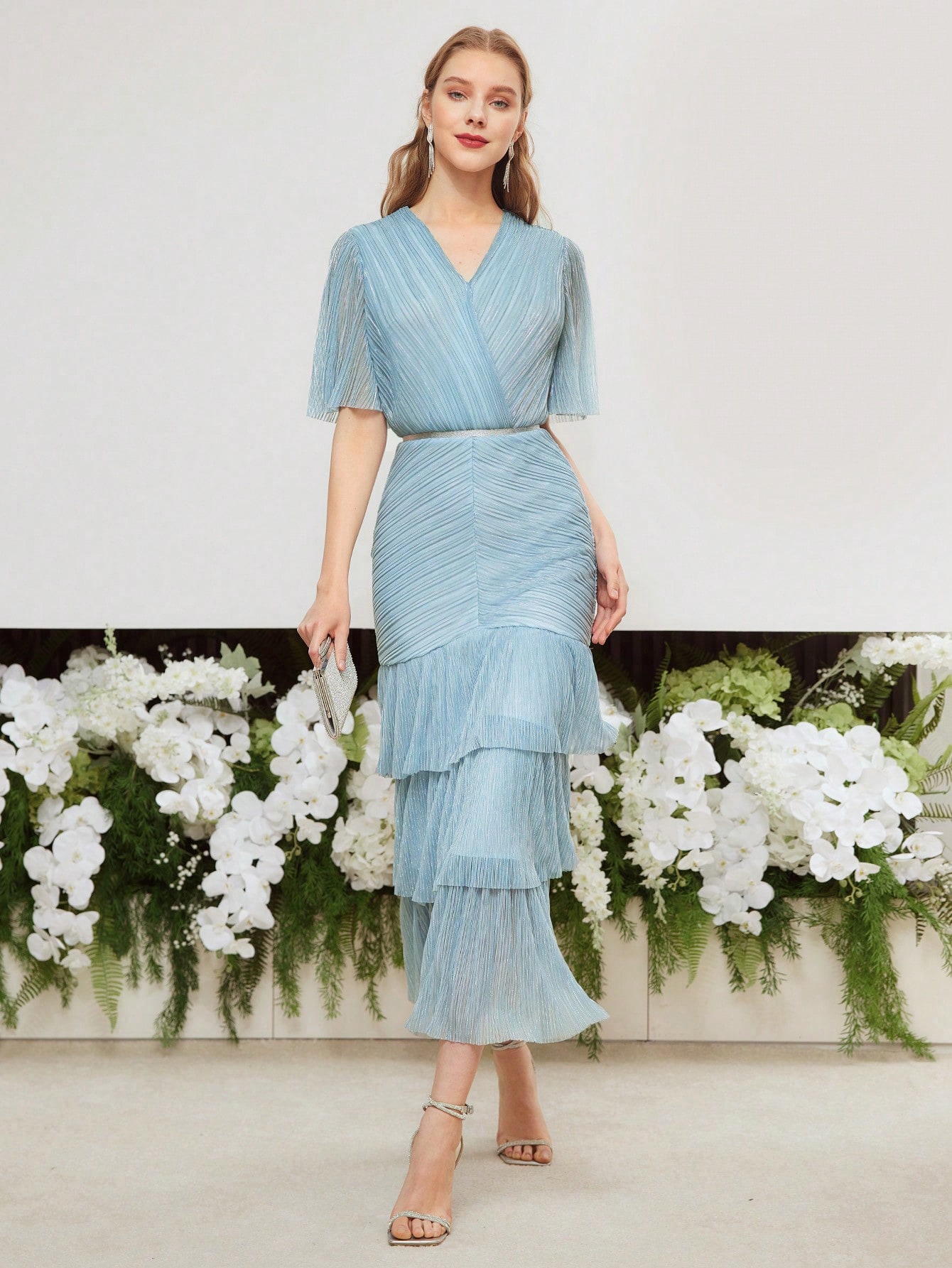 V-NECK FLARE SLEEVE LAYERED RUFFLE HEM DRESS,HOLIDAY PARTY