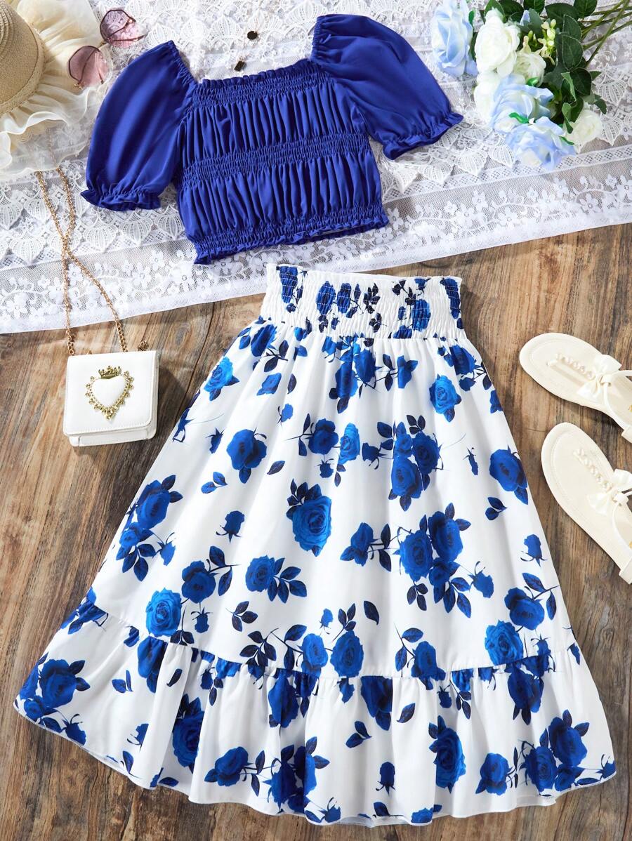 SHEIN Teenager Mädchen Set aus Wickeloberteil mit Blasenärmeln und blumigem A-Linien Rock