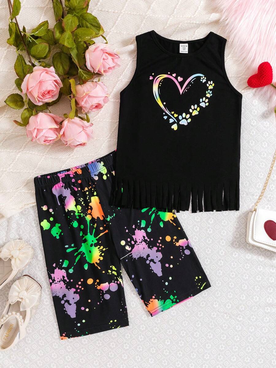 SHEIN Conjunto De Shorts De Malha Com Estampa De Coração E Estampa De Coração Para Meninas, Todos Os Dias, Verão