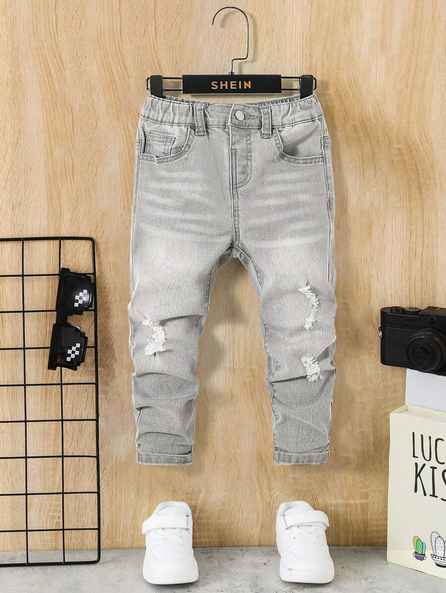 SHEIN Young Boy Ripped Frayed Washed Grey Denim Jeans ,For Spring And Summer Young Boy Outfits