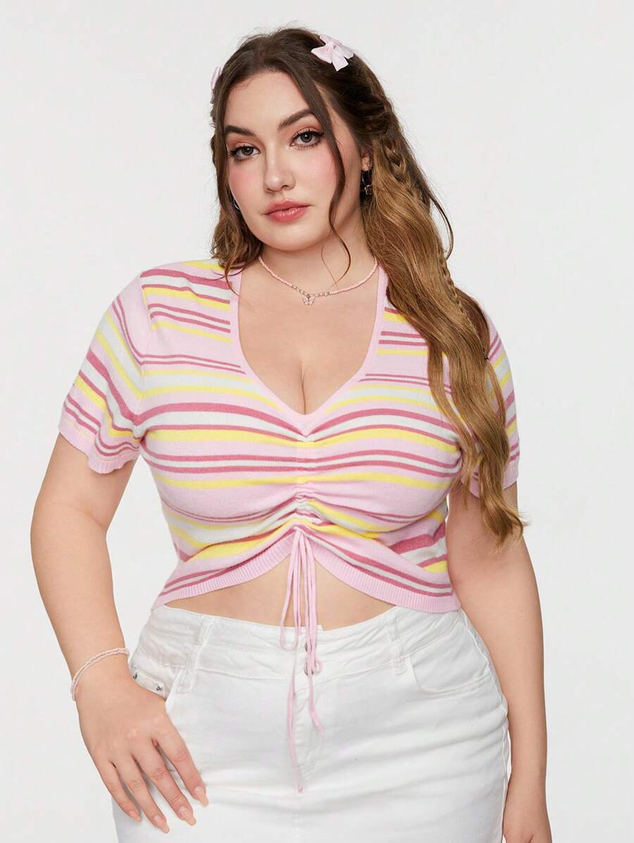 SHEIN Qutie Plus Size Women's Rainbow Stripe Front Drawstring Ruched Short Sleeve Knitted Top
