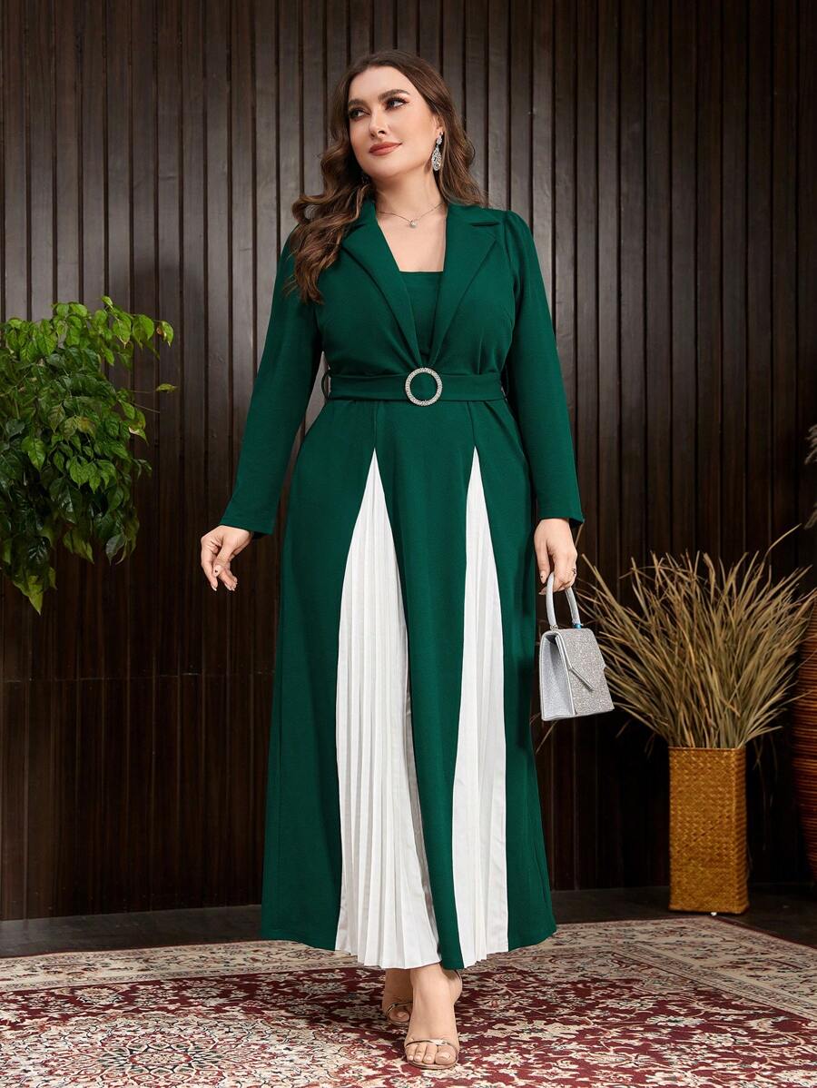 Modelyn Plus Size Color Block Plisowana Sukienka Z Kołnierzykiem Z Klapami I Paskiem W Talii Maxi Strój Damski Długie Sukienki Wieczorowe