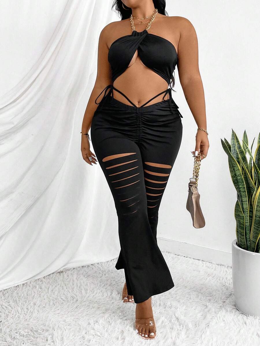 Allurite Plus Size Women's High-Waisted Ruched Ripped Pants