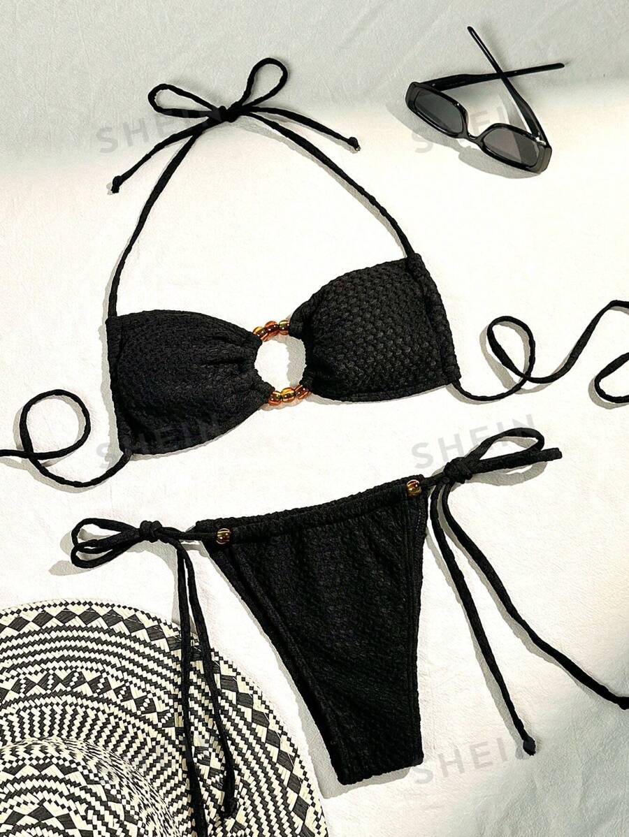 SHEIN Swim Conjunto de bikini de cuello halter texturizado, traje de baño de dos piezas con tanga, atuendo de playa para vacaciones de verano