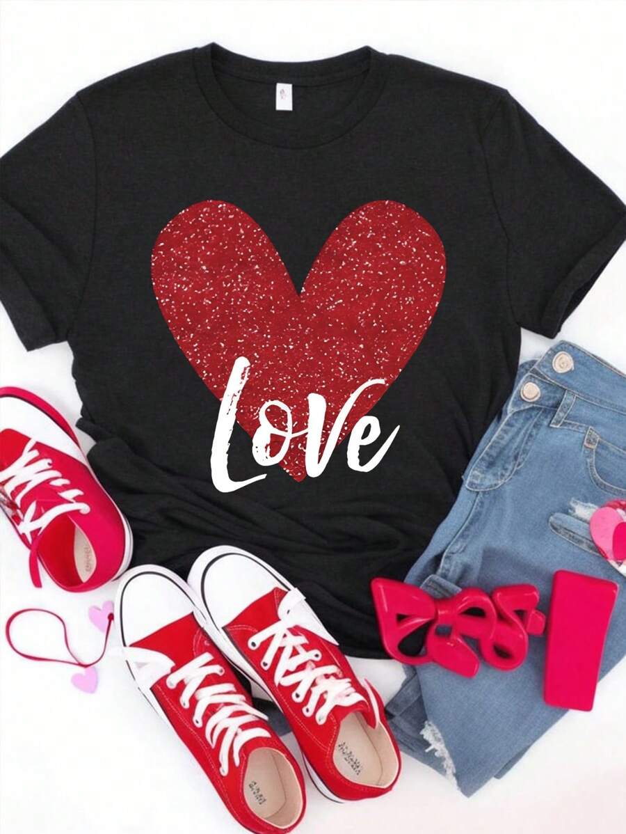 Valentine's Day Heart-Shaped Fitted Short Sleeve T-Shirt