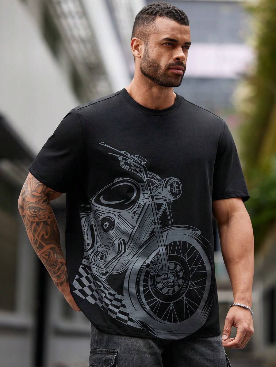 Manfinity VCAY Men Plus Size Motorcycle Printed Round Neck Casual Short Sleeve T-Shirt