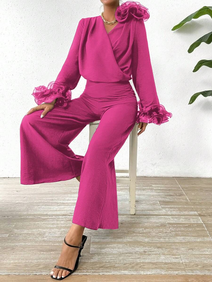 Chiquease 2pcs/Set Top And Wide Leg Pants With 3d Floral Decoration