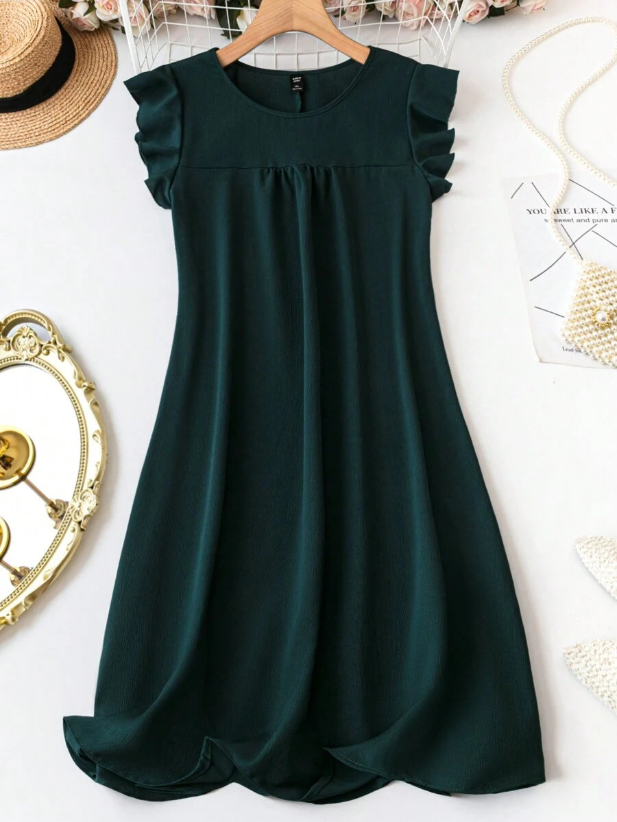 SHEIN LUNE Plus Size Solid Color Round Neck Ruffle Trim Decor Casual Dress