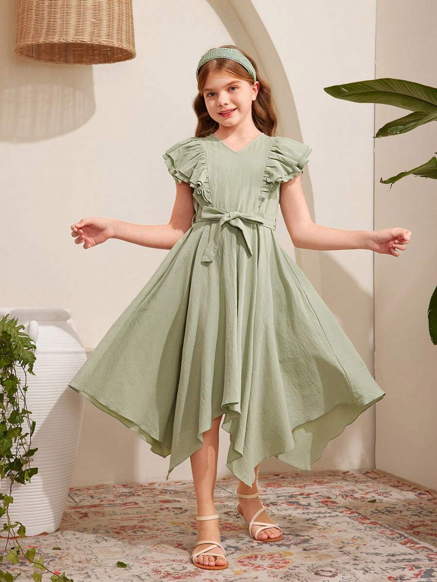 SHEIN Tween Girls' Casual And Daily Wear Spring/Summer Solid Color Woven V-Neck Long Dress With Ruffle Hem