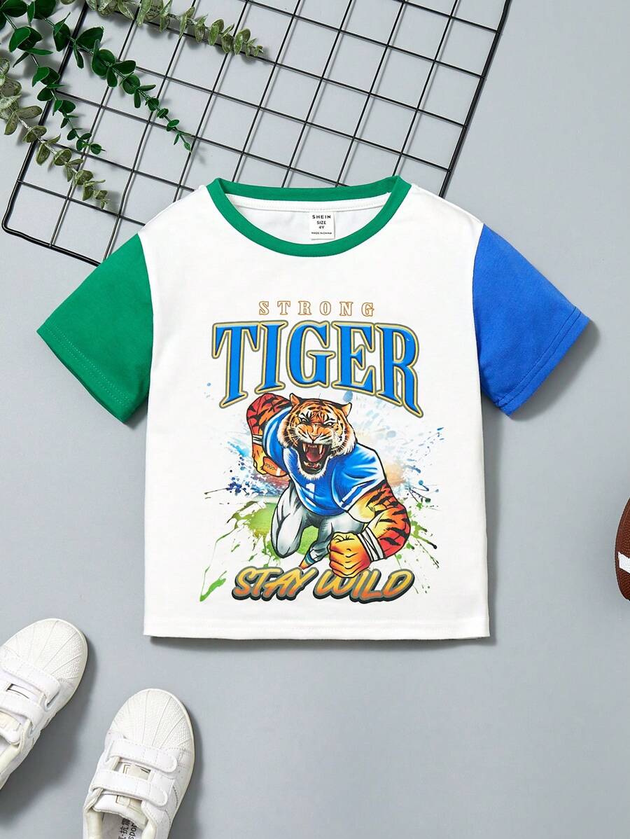 SHEIN Young Boys' Loose Fit Casual Round Neck Color Block T-Shirt With Letter Print