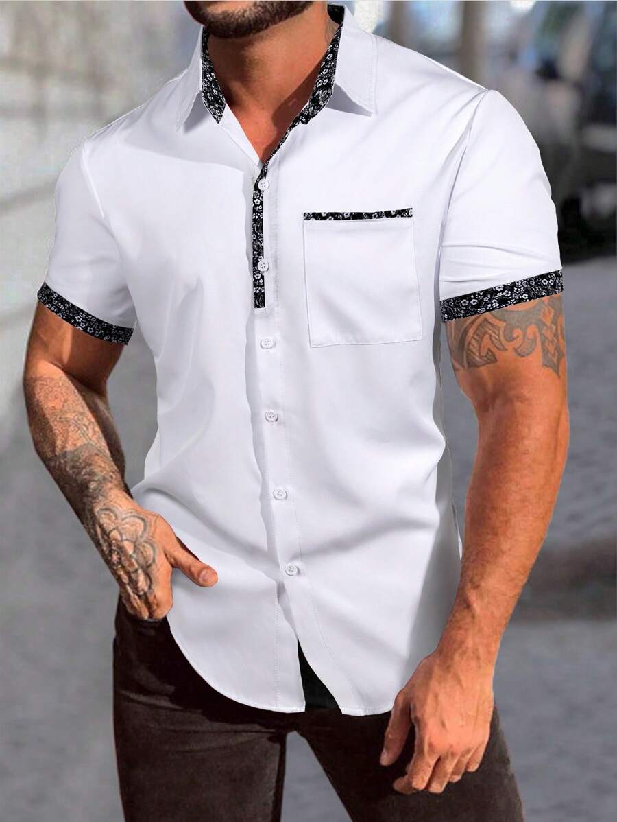 Manfinity Homme Men's Patchwork Ditsy Floral Print Short Sleeve Shirt , Button Up Color Block All White Casual Boyfriend Gift White Shirt For Menwhite Shirts For Menwhite Top For Men