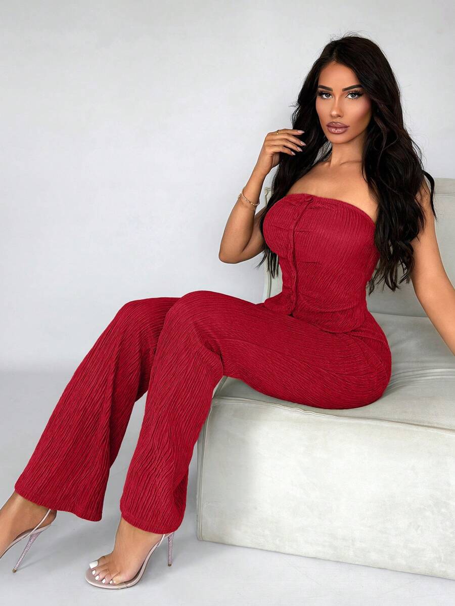 SHEIN SXY Commute Minimalist Office Simple Satin Sexy Elegant Party Top & Long Pants Set