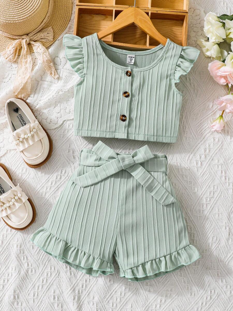 SHEIN Vintaside Kids Young Girl Textured Fabric Fashionable Short Sleeve Top With Ruffle Trim & Waist Belt Shorts Set Suitable For Summer