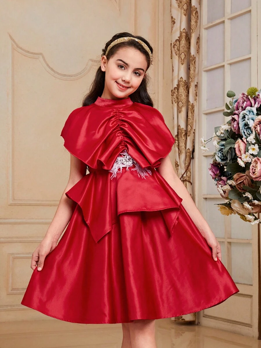 SHEIN Tween Girls' Stand Collar Sleeveless Satin Layered Dress With Ruffle Hem Decoration