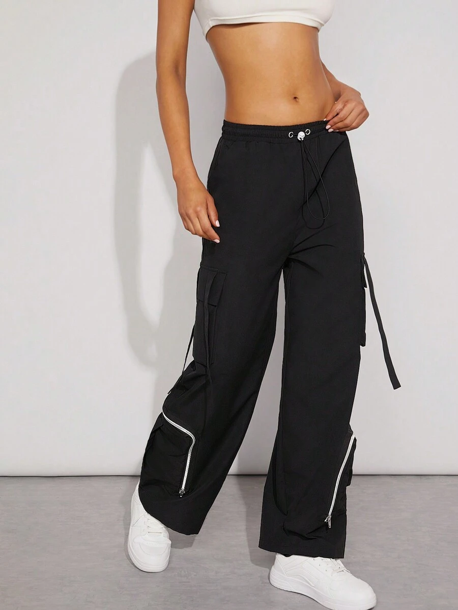 Denimoi Contrast Zip Drawstring Wide Leg Casual Cargo Pants