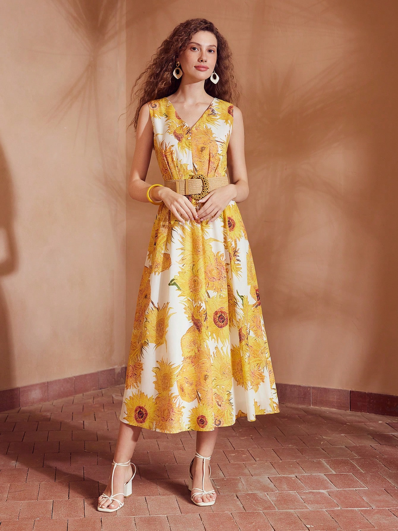 Sunflower-Printed Midi DressサイズM DAPERCI Sunflower Seamless Pattern Women's V-Neck Printed