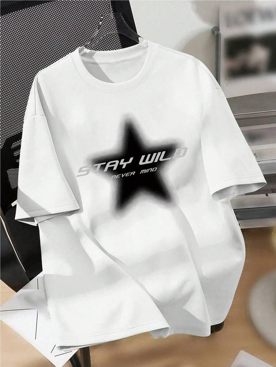 Comfortcana Casual Minimalist Star Pattern Crew Neck Oversized Short Sleeve T-Shirt For Women, Suitable For Summer, Unisex Back To School