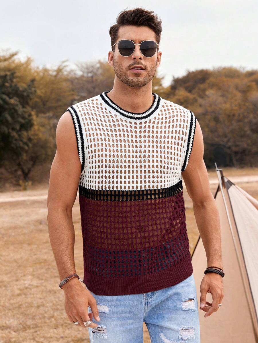 Manfinity RSRT Suéter de Crochet de Punto para Hombre con Rayas y Bloqueado de Colores