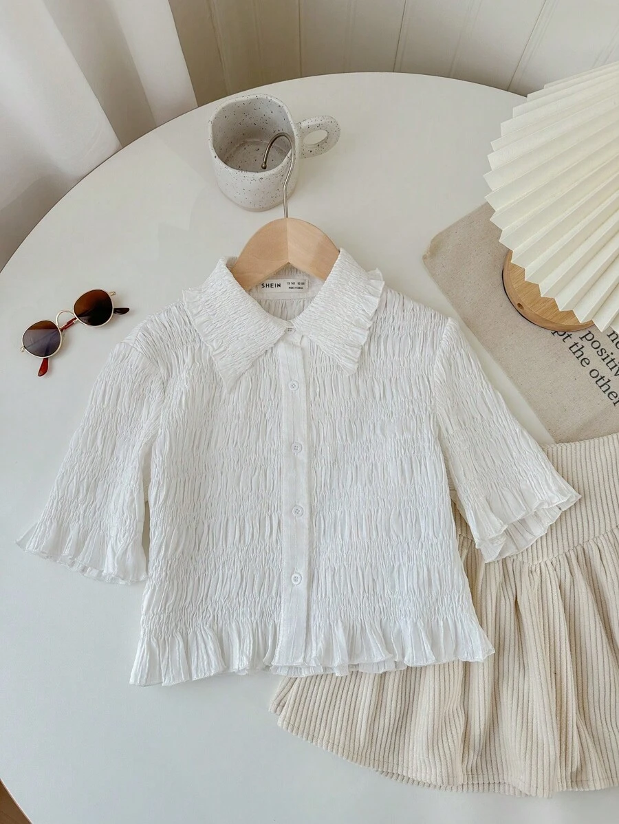 SHEIN Tween Girl Woven Solid Color Pleated Short Casual Shirt
