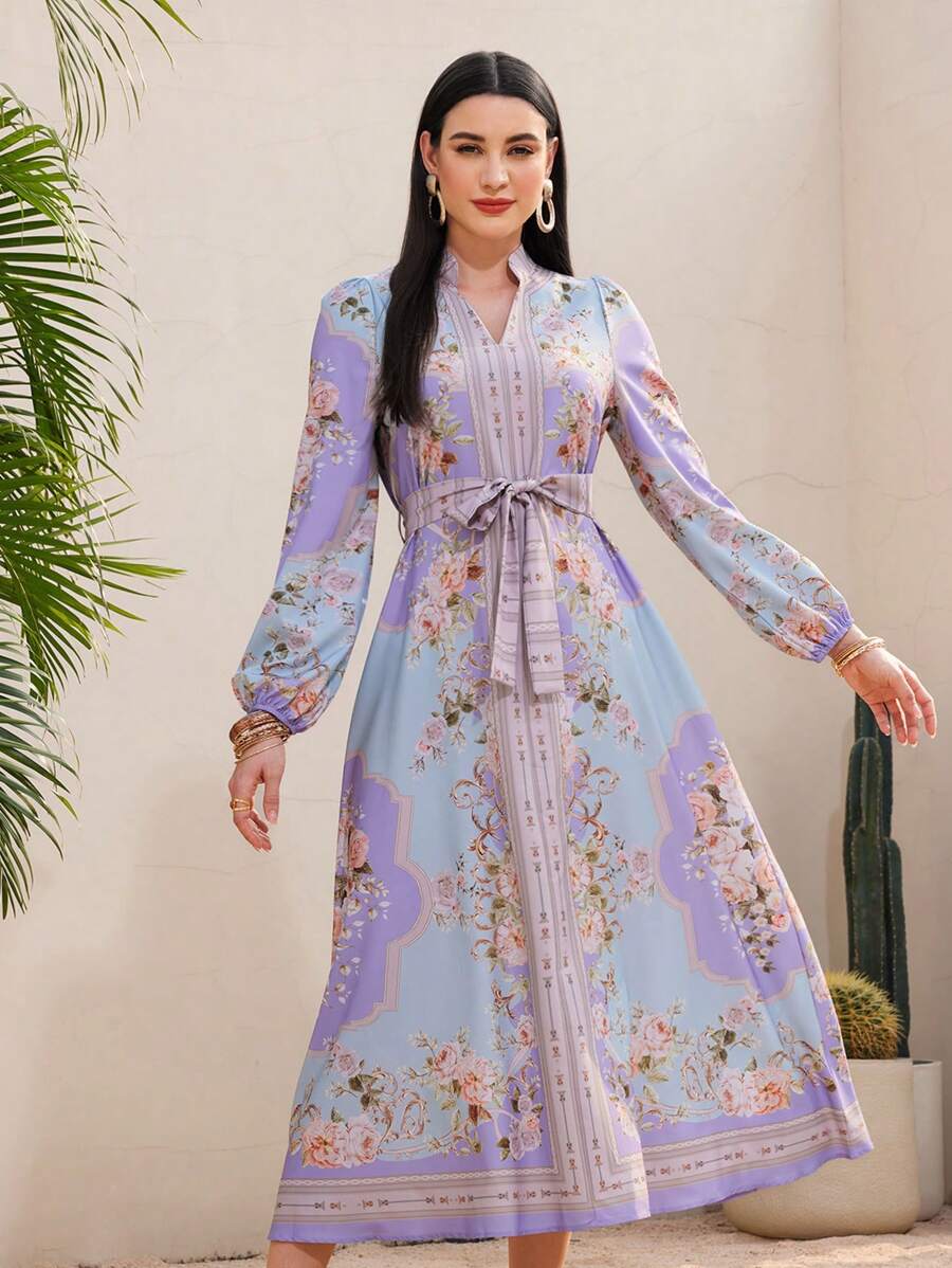Modelyn Robe longue à manches lanternes pour femmes avec col cranté et imprimé floral blocs de couleurs