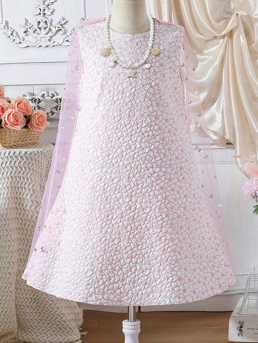 SHEIN Tween Girl Floral Jacquard Backless Dress With Mesh Contrast, Sleeveless