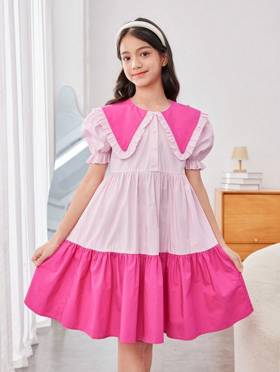 SHEIN Tween Girls' Loose Cute School Daily Color Block Bubble Sleeve Midi Dress