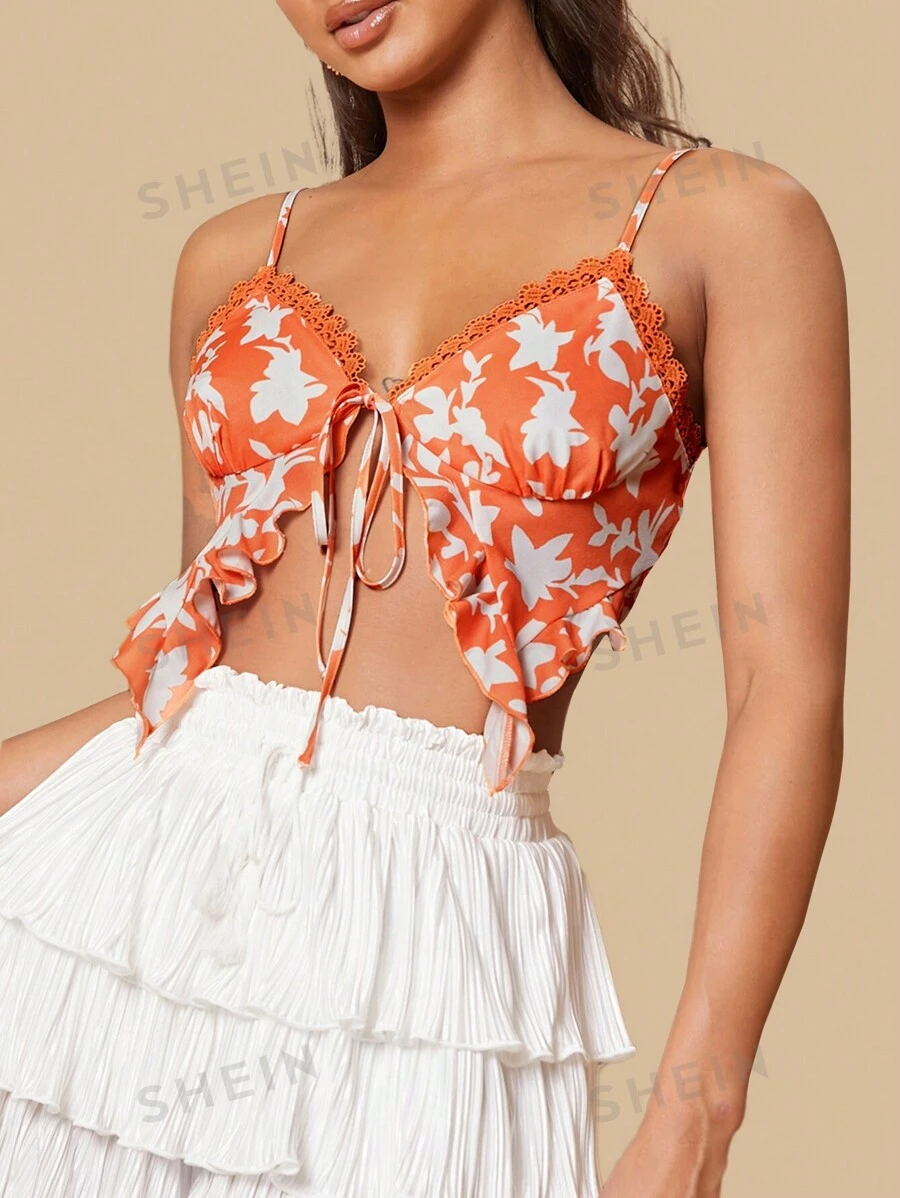 SHEIN Tall Top De Tanque De Encaje De Mujeres Con Diseño De Parche Y Estampado Botánico