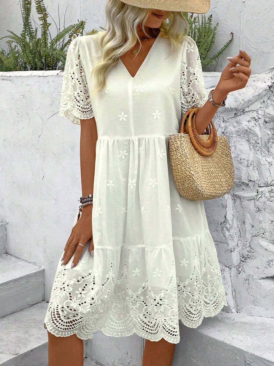 Breezaya Women's Burnout Flower Embroidery Ruffle Hem Doll Dress Vacation Beach Outfit
