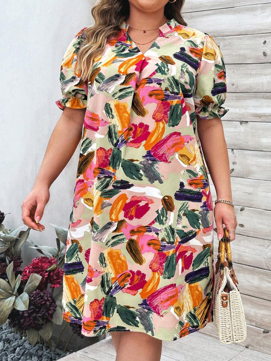 EMERY ROSE Plus Size Women's Puff Sleeve Floral Print Dress For Summer,Beach Dress Sundress,Holiday Outfits Boho