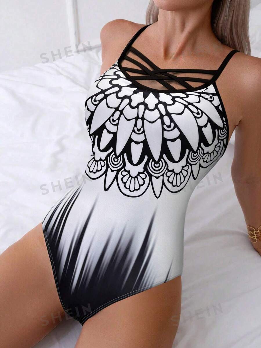 SHEIN Swim Trajes De Baño De Una Pieza Para Mujeres Con Estampado Gráfico Y Tirantes Cruzados, Para Verano, Playa, Vacaciones, Viajes, Festivales, Piscina Y Surf