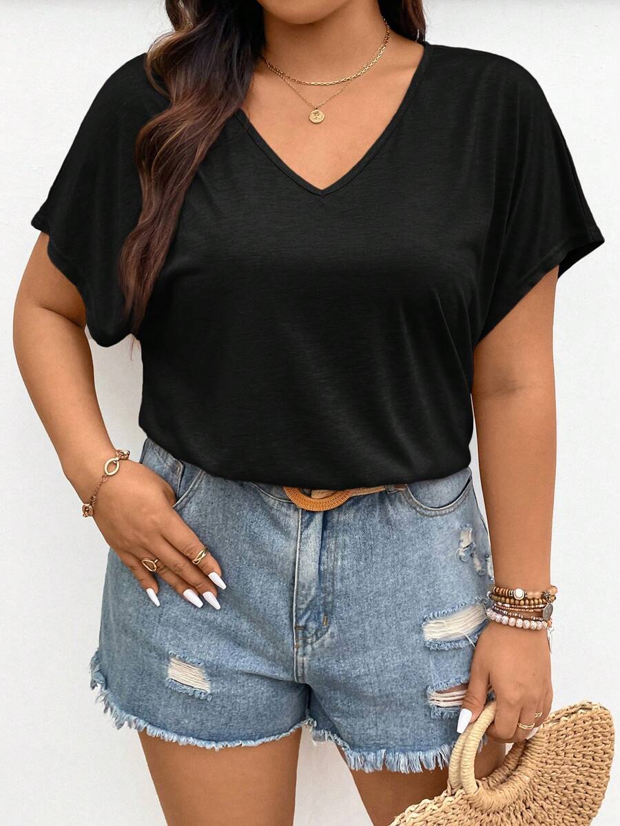 SHEIN Frenchy Plus Size V-Neck Batwing Sleeve T-Shirt